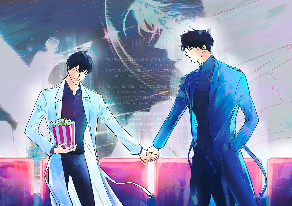 raya (000 unseen), kim dokja, yoo joonghyuk, omniscient reader's viewpoint, 2boys, :|, artist self-reference, bad anatomy, black coat, black hair, black shirt, closed eyes, closed mouth, coat, collared shirt, credits, crew neck, curtained hair, dual persona, english text, feet out of frame, food, grin, gun, hand in pocket, helmet, holding, holding gun, holding hands, holding weapon, implied yaoi, looking at another, male focus, movie theater, multiple boys, open clothes, open coat, popcorn, popped collar, reaching, reaching towards another, shirt, smile, space helmet, theater seating, walking, weapon, white coat