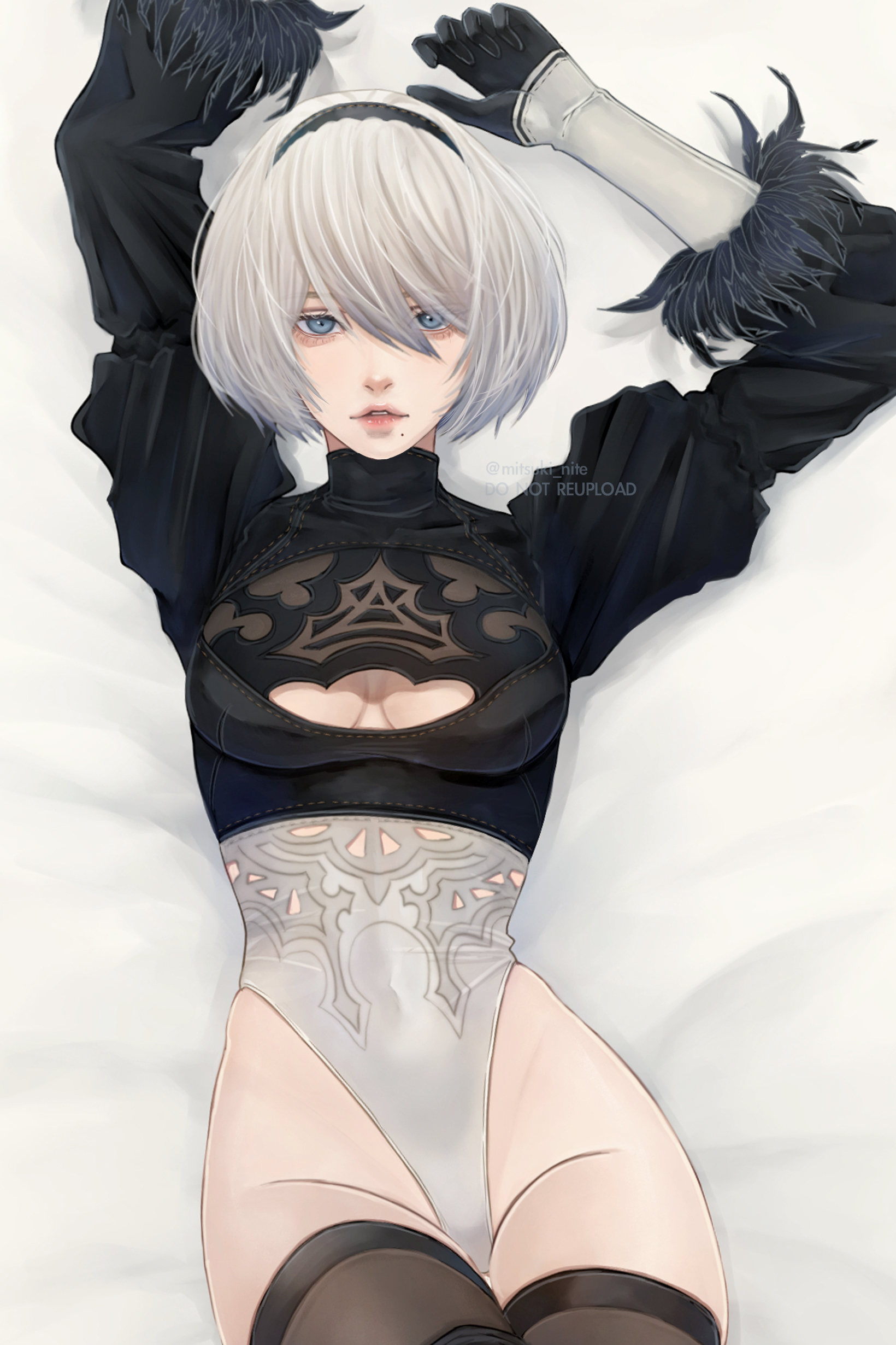 mitsuki nite, 2b (nier:automata), nier:automata, nier (series), absurdres, commentary, english commentary, highres, 1girl, arms up, black gloves, black hairband, black thighhighs, blue eyes, breasts, cleavage cutout, clothing cutout, cowboy shot, feather-trimmed sleeves, from above, gloves, grey hair, hair between eyes, hairband, highleg, highleg leotard, juliet sleeves, leotard, long sleeves, looking at viewer, lying, medium breasts, mole, mole under mouth, no blindfold, on back, parted lips, puffy sleeves, short hair, solo, thigh gap, thighhighs, twitter username, white leotard
