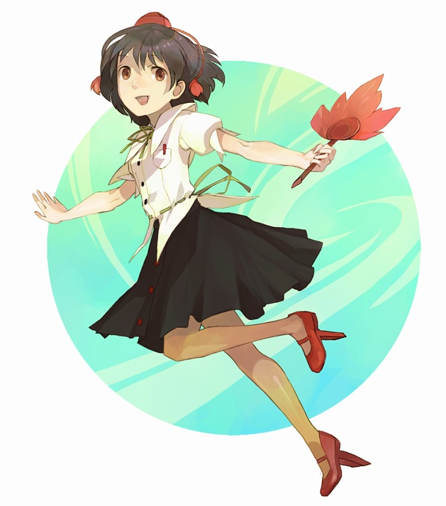 xero, shameimaru aya, touhou, 1girl, female focus, geta, hat, looking at viewer, open mouth, pantyhose, smile, solo, tengu-geta