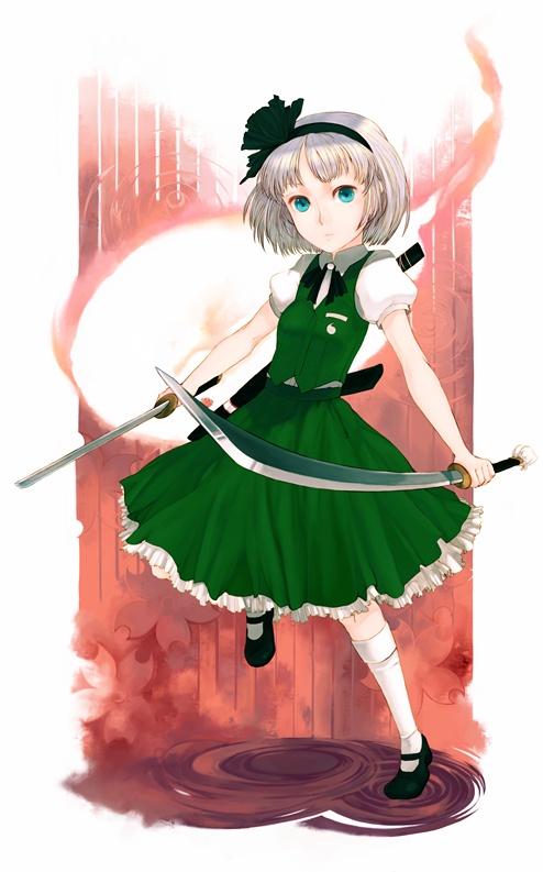 xero, konpaku youmu, konpaku youmu (ghost), touhou, 1girl, black shoes, female focus, hitodama, katana, shoes, solo, sword, weapon