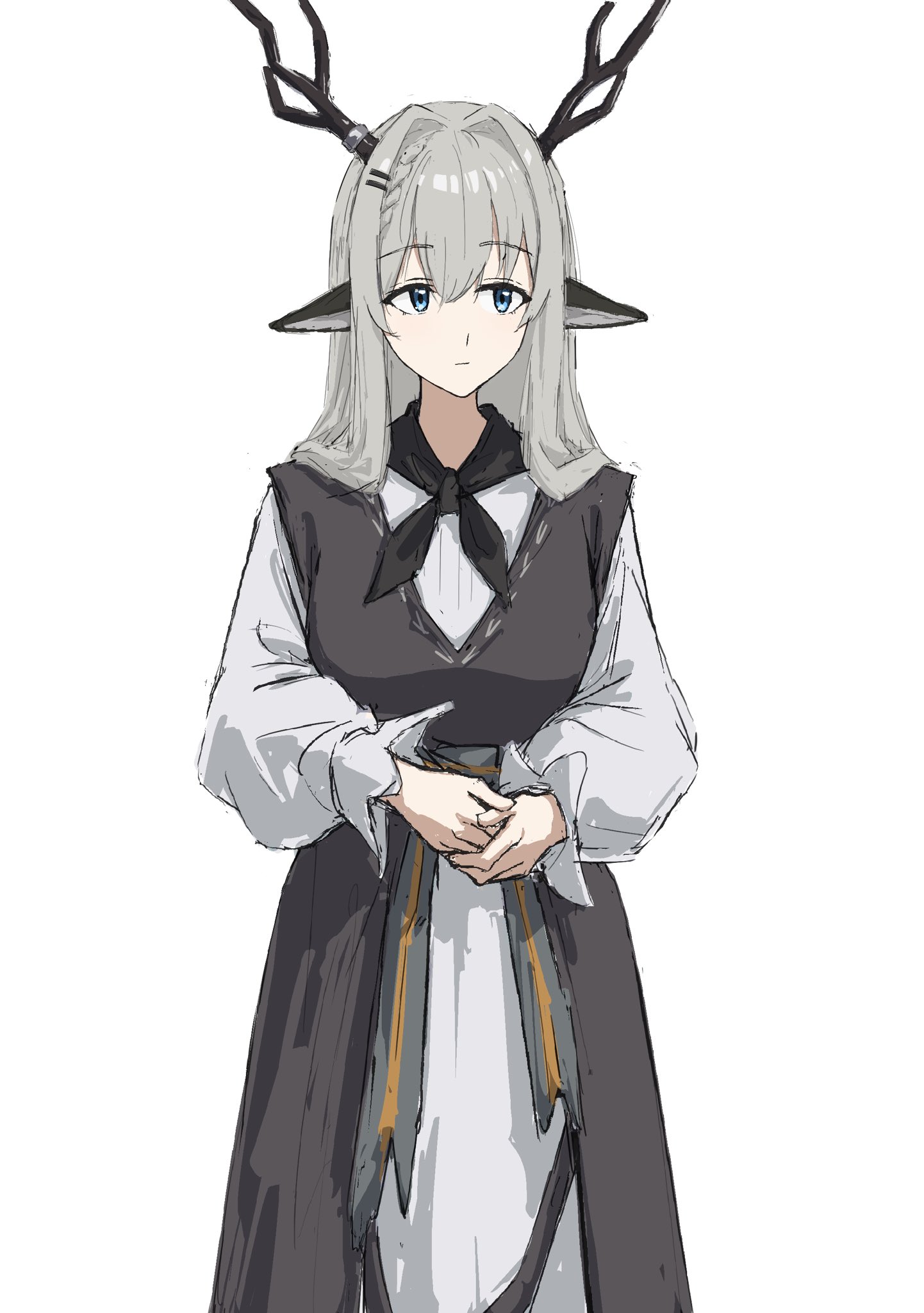 fuyukono, alina (arknights), arknights, highres, 1girl, animal ears, antlers, black dress, blue eyes, closed mouth, cowboy shot, dress, grey hair, hair between eyes, hair intakes, hair ornament, hairclip, horns, long sleeves, medium hair, own hands together, pinafore dress, simple background, sleeveless, sleeveless dress, solo, standing, white background, white dress