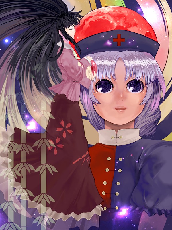 xero, houraisan kaguya, yagokoro eirin, touhou, 2girls, black hair, female focus, hat, long hair, multiple girls