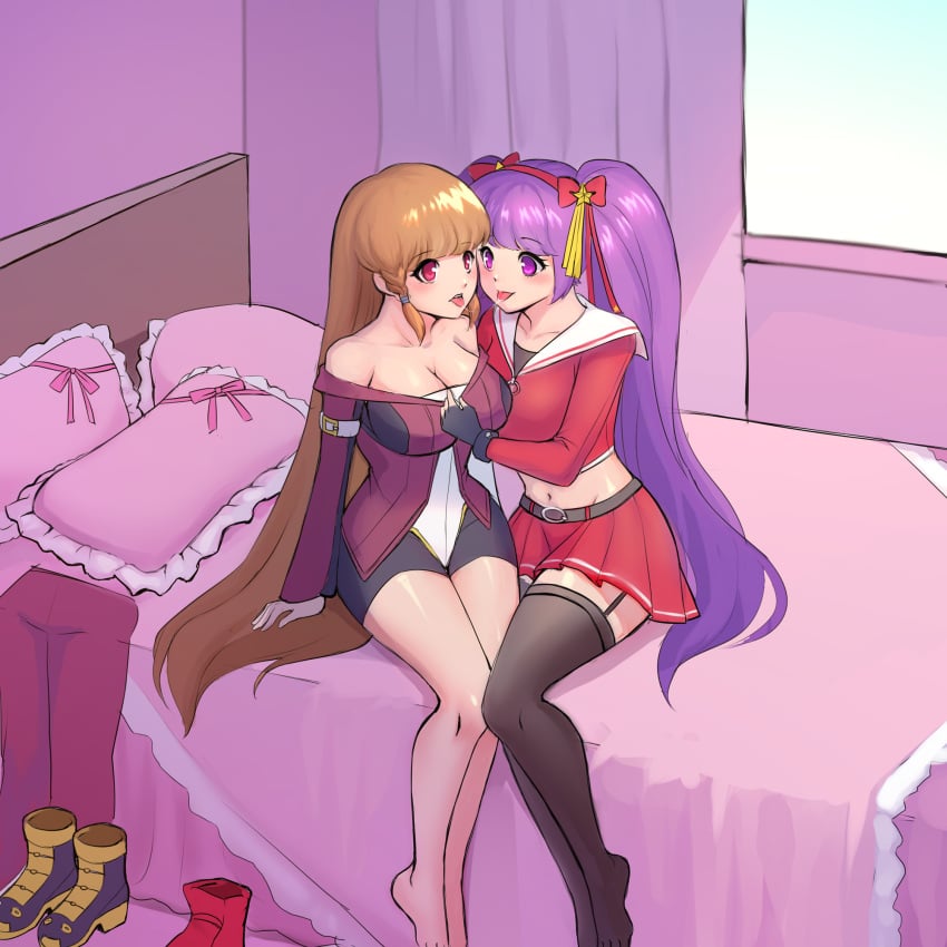 asamiya athena, kula diamond, psycho soldier, snk, the king of fighters, the king of fighters xiv, blue hair, brown hair, purple hair, yuri