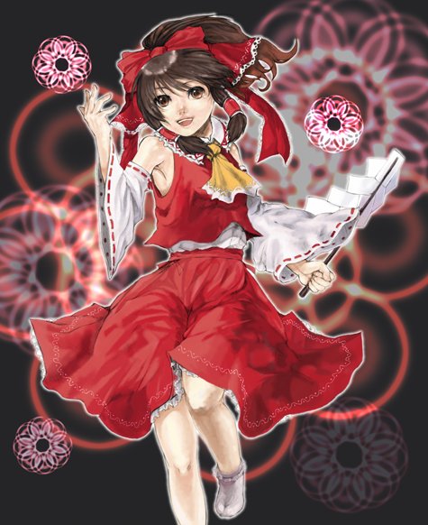 xero, hakurei reimu, touhou, 1girl, ascot, bow, brown eyes, brown hair, collar, detached sleeves, female focus, gohei, hair bow, holding, long sleeves, looking at viewer, ponytail, red bow, red skirt, skirt, socks, solo, standing, standing on one leg, stick, vest, white socks, wide sleeves