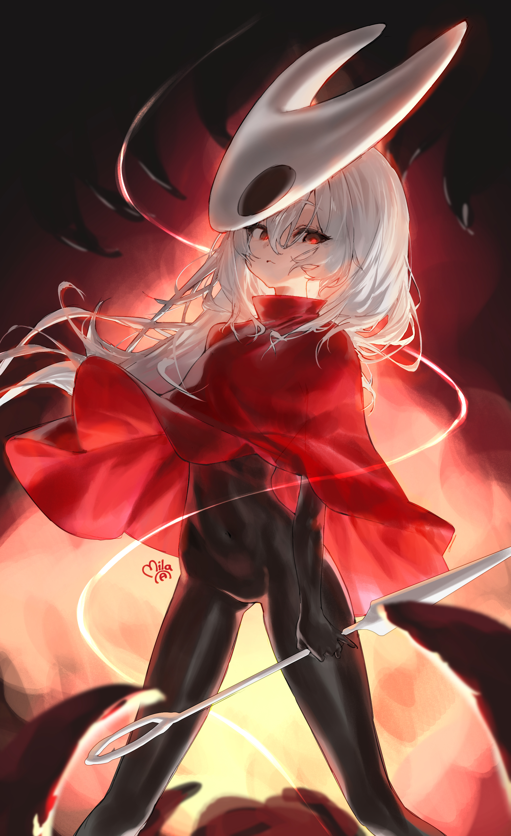mila (milaart12), hornet (hollow knight), hollow knight, hollow knight: silksong, absurdres, commentary, english commentary, highres, 1girl, artist name, bodystocking, cloak, closed mouth, feet out of frame, floating hair, hair between eyes, holding, holding weapon, horned mask, humanization, legs apart, long hair, looking at viewer, mask, needle (hollow knight), red cloak, red eyes, solo, weapon, white hair