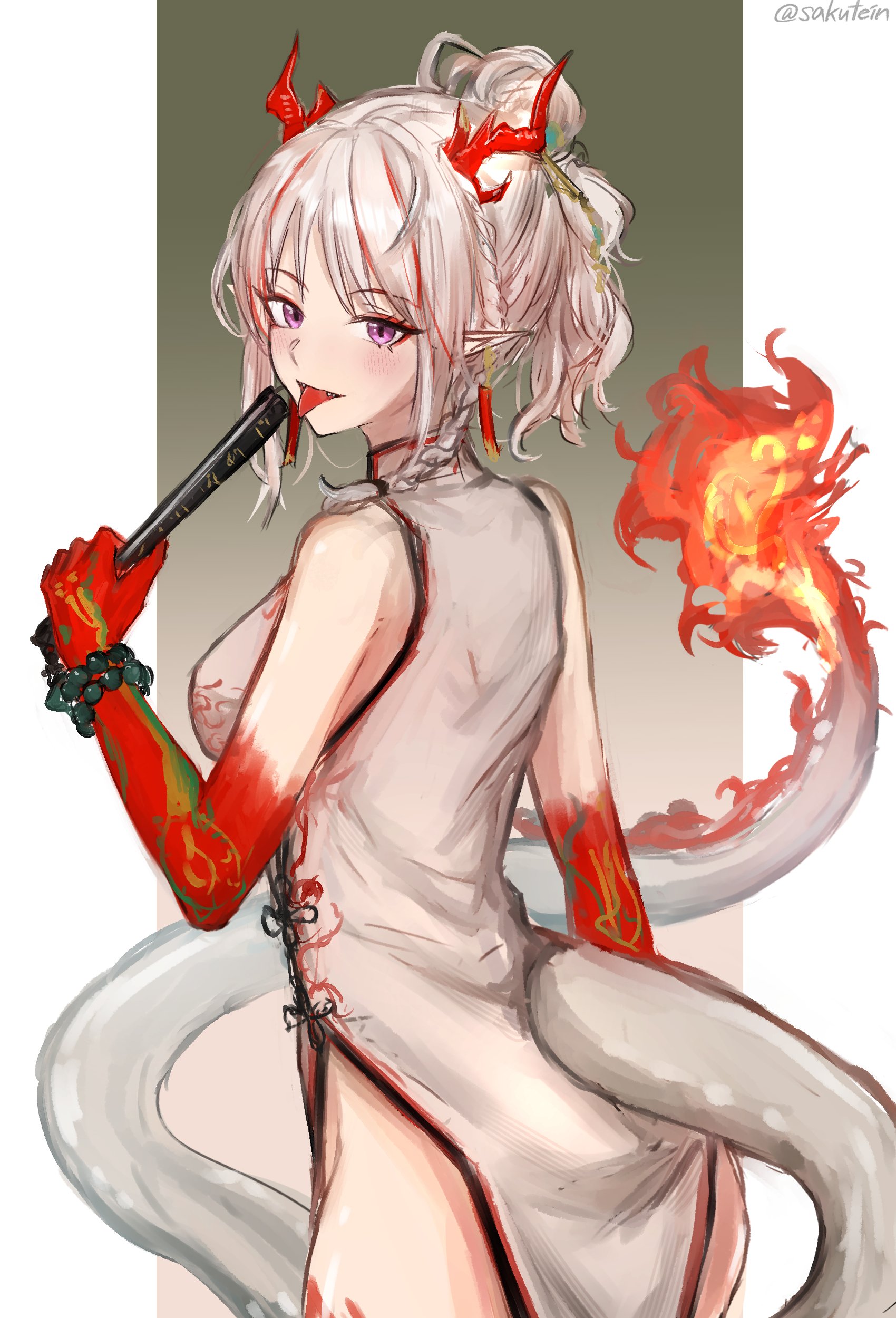 sakutein oekaki, nian (arknights), nian (unfettered freedom) (arknights), arknights, absurdres, commentary, highres, 1girl, :p, bare shoulders, beads, blush, braid, china dress, chinese clothes, colored extremities, cowboy shot, dragon girl, dragon horns, dragon tail, dress, fire, flame-tipped tail, folded fan, folding fan, grey dress, hand fan, holding, holding fan, horns, looking at viewer, multicolored hair, official alternate costume, pointy ears, purple eyes, red hair, short hair, side slit, sleeveless, sleeveless dress, solo, standing, streaked hair, tail, tongue, tongue out, turning head, twitter username, white hair