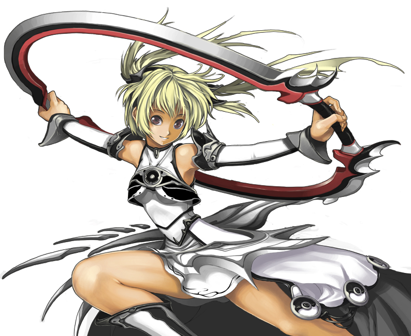 kurokurokuro, original, 1girl, armpits, bare shoulders, blonde hair, boots, breasts, chakram, detached sleeves, dress, female focus, floating hair, grin, halterneck, holding, holding weapon, huge weapon, jewelry, knee boots, legs apart, looking at viewer, outstretched arms, purple eyes, ring, simple background, small breasts, smile, solo, spread arms, turtleneck, twintails, weapon, white background
