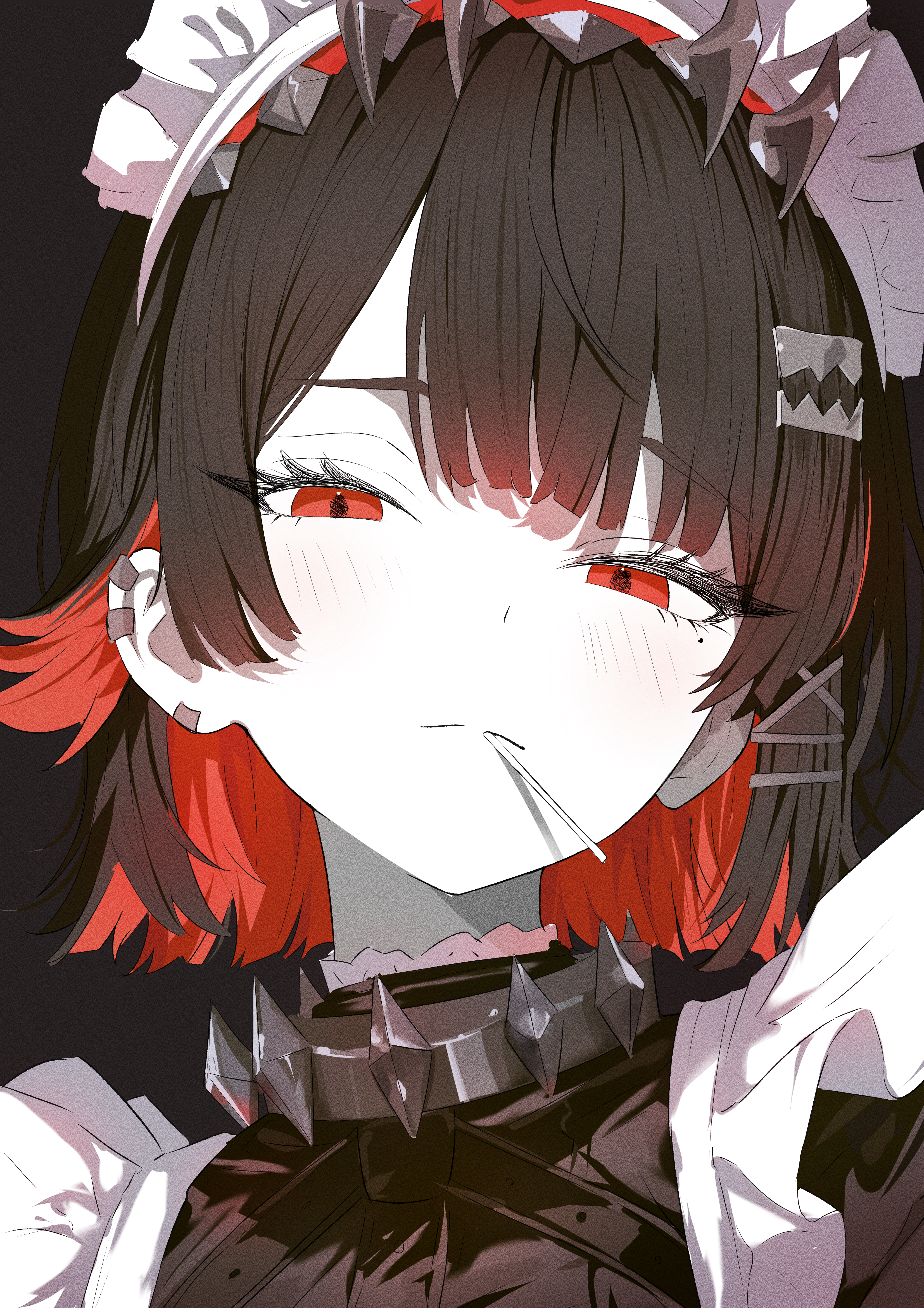 bubba62473394, ellen joe, zenless zone zero, absurdres, highres, 1girl, black hair, colored inner hair, hair ornament, looking at viewer, maid, maid headdress, mole, mole under eye, multicolored hair, red eyes, red hair, shark girl, short hair, simple background, solo, two-tone hair, upper body