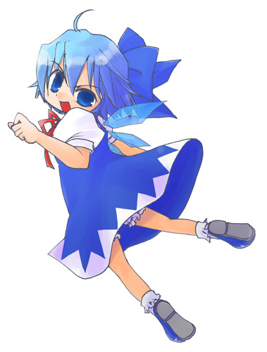 makiemon, cirno, embodiment of scarlet devil, touhou, lowres, 1girl, blouse, blue dress, blue hair, bow, dress, female focus, hair bow, ice, ice wings, looking at viewer, open mouth, puffy short sleeves, puffy sleeves, red ribbon, ribbon, shirt, short sleeves, solo, wings