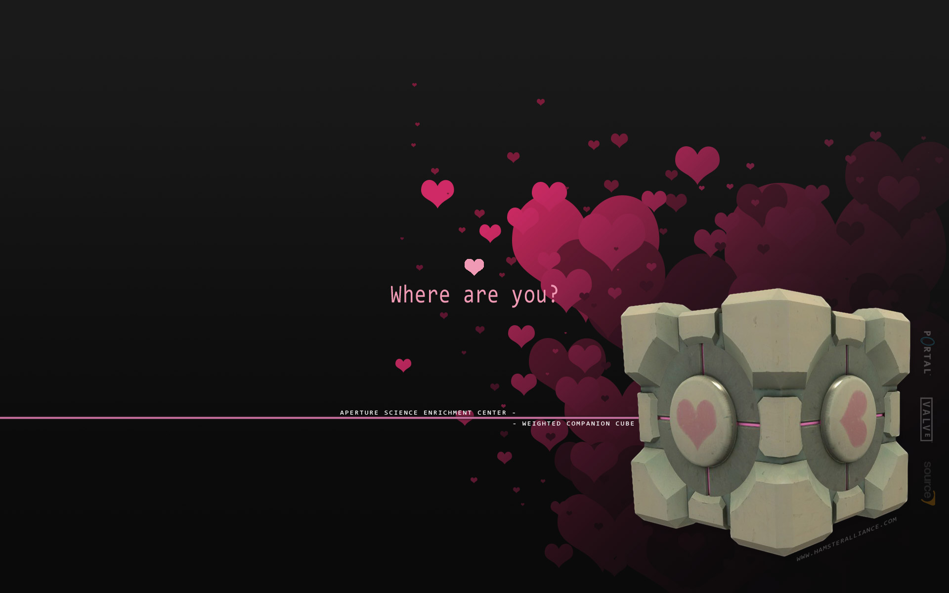 jamez gillman, portal (series), portal 1, valve software, highres, aperture science weighted companion cube, black background, copyright name, cube, english text, heart, no humans, simple background, text focus, valve