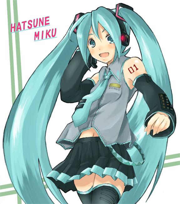 kinsenka, hatsune miku, vocaloid, 1girl, aprilrain, aqua hair, black thighhighs, female focus, hair between eyes, hand on headphones, headphones, long hair, midriff peek, solo, thighhighs, twintails, very long hair, white background