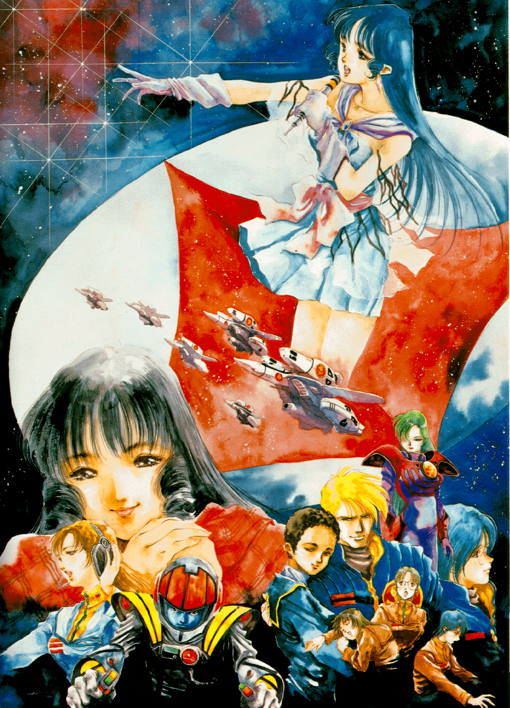 mikimoto haruhiko, focker roy, hayase misa, ichijou hikaru, jenius maximilian, jenius milia, kabirov kim, kakizaki hayao, laird vanessa, lasalle claudia, lynn minmay, meltrandi, milliome shammy, vf-1, vf-1 super, zentradi, choujikuu yousai macross, macross, macross: do you remember love?, 1980s (style), highres, official art, 3boys, 6+girls, helmet, husband and wife, lips, mecha, multiple boys, multiple girls, oldschool, retro artstyle, robot, space, spacesuit