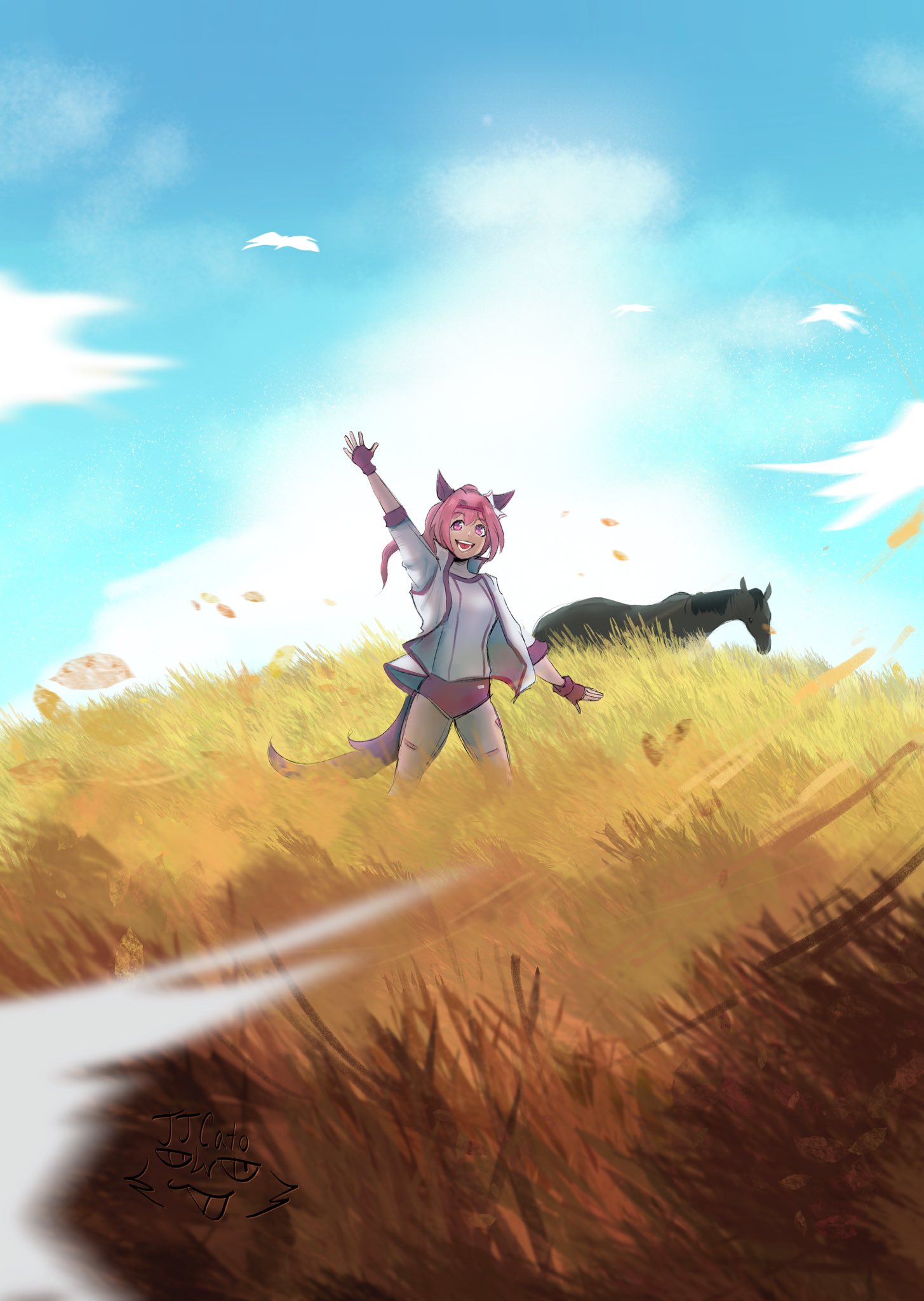 haru urara (racehorse), haru urara (umamusume), real life, umamusume, highres, 1girl, animal ears, bandaid, bandaid on leg, blue sky, bow, buruma, creature and personification, ear bow, ear covers, field, fingerless gloves, flower-shaped pupils, flower in eye, gloves, hairband, haru urara (bestest prize) (umamusume), headband, horse, horse ears, horse girl, horse tail, jacket, jjcato, long hair, looking at viewer, open mouth, outdoors, personification, pink buruma, pink eyes, pink hair, pink headband, ponytail, purple eyes, red buruma, red gloves, red headband, shirt, sky, smile, symbol-shaped pupils, symbol in eye, tail, teeth, waving, white jacket, white shirt