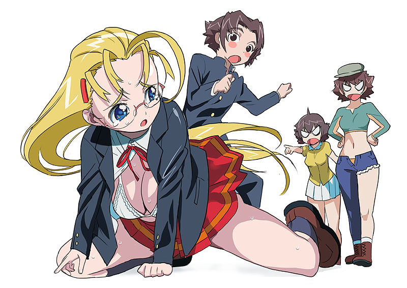 izumi rei, kawasaki kazuhiko, furinji miu, fuurinji miu, nanjou kisara, shirahama honoka, shirahama ken'ichi, shijou saikyou no deshi ken'ichi, 00s, 10s, 1boy, 3girls, asymmetrical clothes, blonde hair, bra, denim, fallen down, glasses, jeans, lingerie, mole, mole under eye, multiple girls, open clothes, open shirt, pants, shirt, single pantsleg, sweat, tears, torn clothes, torn jeans, torn pants, underwear