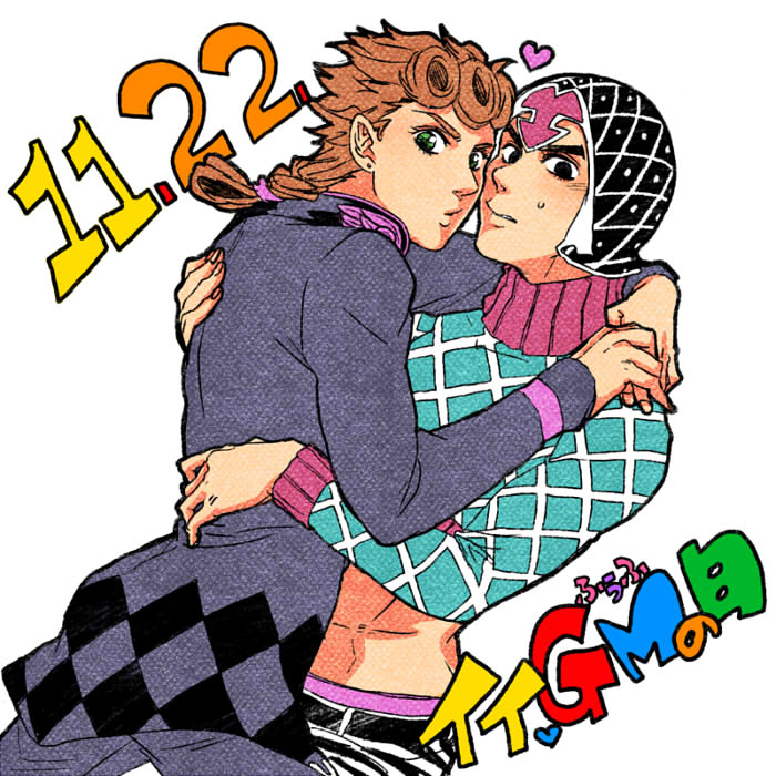 giorno giovanna, guido mista, jojo no kimyou na bouken, vento aureo, commentary request, 2boys, argyle clothes, argyle hat, argyle sweater, black eyes, black hat, blue sweater, braid, brown hair, cropped sweater, dated, earrings, green eyes, hat, heart, hug, jewelry, long sleeves, looking at viewer, looking back, maneki (blackink), midriff, multiple boys, sweat, sweater, yaoi