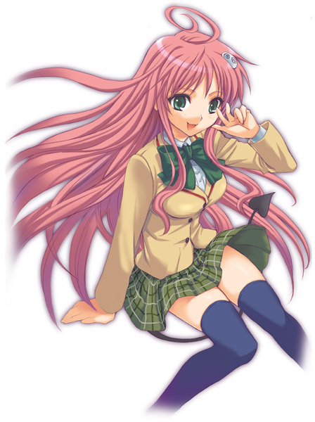takumi namuchi, lala satalin deviluke, peke (to love-ru), to love-ru, 00s, 1girl, ahoge, female focus, green eyes, long hair, pink hair, plaid clothes, plaid skirt, school uniform, serafuku, skirt, solo, thighhighs, zettai ryouiki