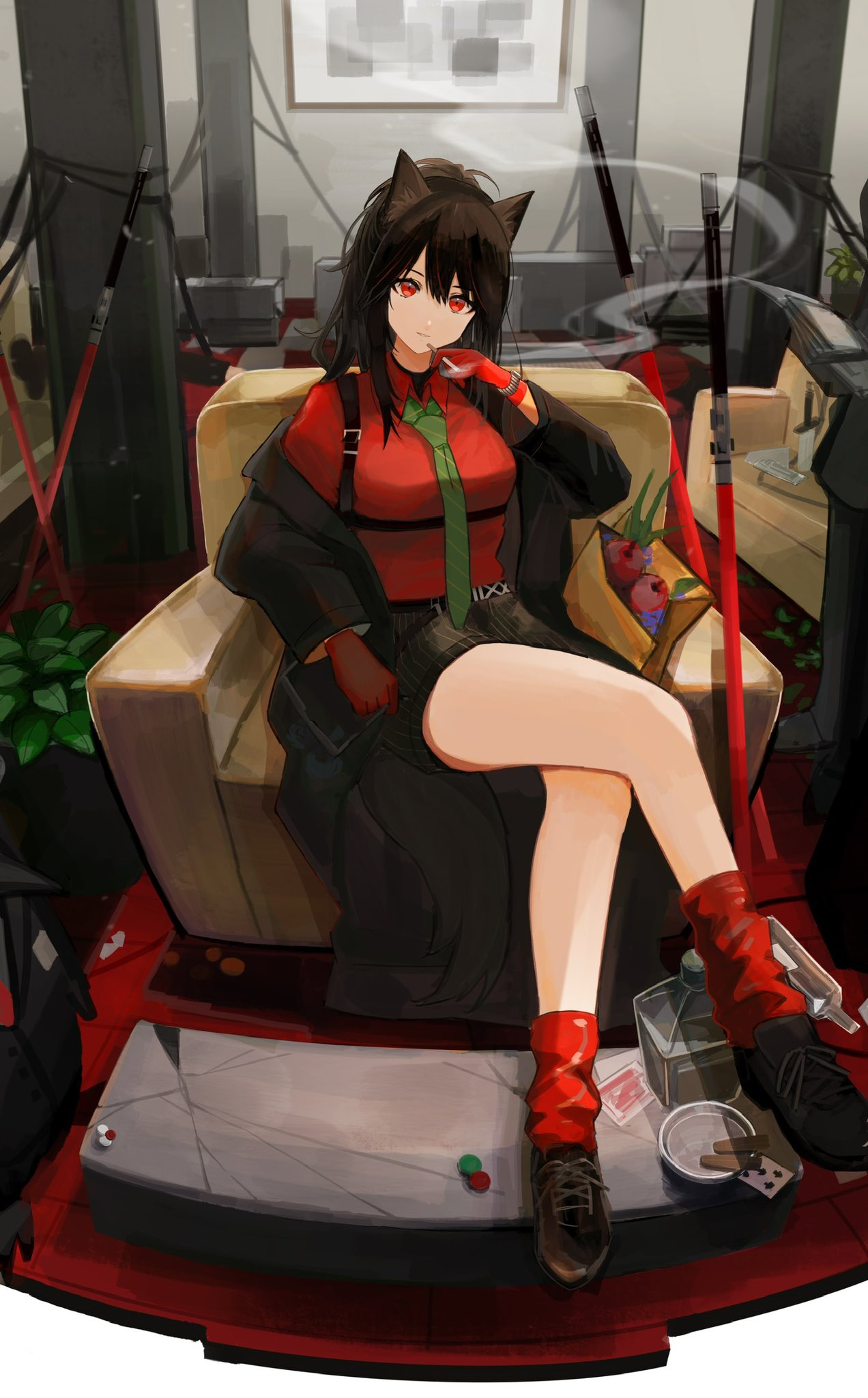 k-yosinori, texas (arknights), texas (willpower) (arknights), arknights, commentary, highres, revision, 1girl, animal ears, black coat, black hair, black shoes, black shorts, coat, collared shirt, couch, crossed legs, diagonal-striped clothes, diagonal-striped necktie, full body, gloves, green necktie, hair between eyes, indoors, leg warmers, long sleeves, medium hair, necktie, off shoulder, official alternate costume, on couch, plant, potted plant, red eyes, red gloves, red leg warmers, red shirt, shirt, shoes, shorts, sitting, smoke, solo, striped clothes, striped shorts, sword, vertical-striped clothes, vertical-striped shorts, weapon, wolf ears, wolf girl