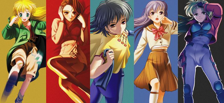 cal devens, claudia mccunnen, ein (phantom of inferno), fujioka mio, mio fujioka, nitroplus, phantom of inferno, 5girls, adjusting hair, blonde hair, blue bodysuit, bodysuit, brown hair, column lineup, fingerless gloves, gloves, green eyes, green hair, grey hair, jacket, kneehighs, long hair, looking back, midriff, multiple girls, open mouth, purple eyes, purple hair, red eyes, school uniform, serafuku, short hair, skirt, socks, twintails