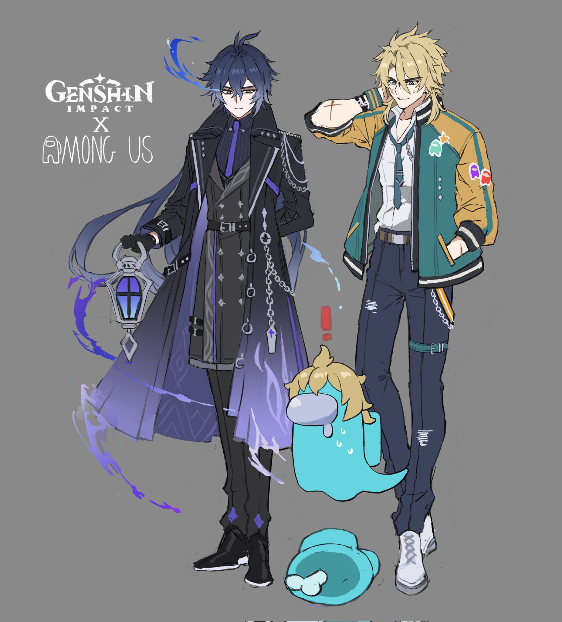 papajay (jennygin2), blue (among us), flins (genshin impact), varka (genshin impact), among us, genshin impact, highres, 2boys, black hair, black jacket, blonde hair, blue eyes, chain, green jacket, holding, holding lantern, jacket, lantern, multiple boys, necktie, open clothes, open jacket, short hair, yellow eyes