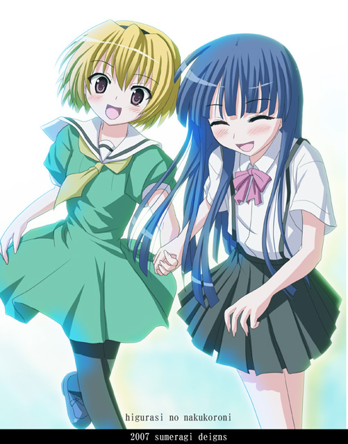 sumeragi seisuke, furude rika, houjou satoko, higurashi no naku koro ni, 00s, 2007, 2girls, blonde hair, blue hair, green skirt, hairband, hime cut, holding hands, long hair, multiple girls, neck ribbon, pantyhose, pleated skirt, red eyes, ribbon, running, sailor collar, school uniform, short hair, skirt, smile, suspender skirt, suspenders, very long hair