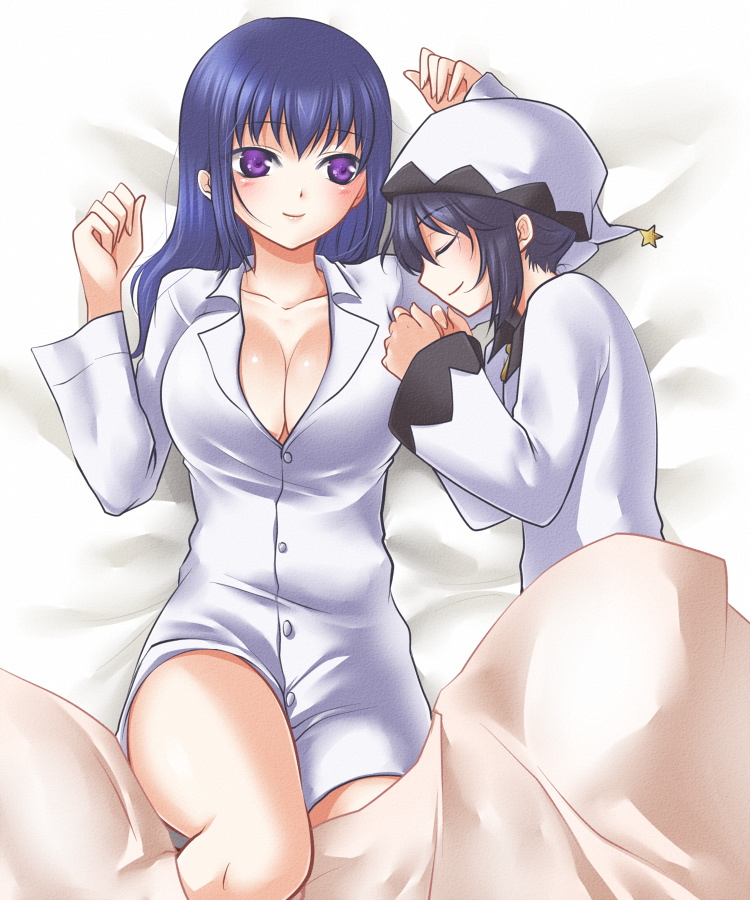 jyuru, arin (pangya), kooh (pangya), pangya, 2girls, bed, black hair, blanket, blue hair, blush, bottomless, breasts, cleavage, closed eyes, dress shirt, hat, holding hands, large breasts, lying, multiple girls, own hands together, pajamas, purple eyes, shirt, sleeping, smile