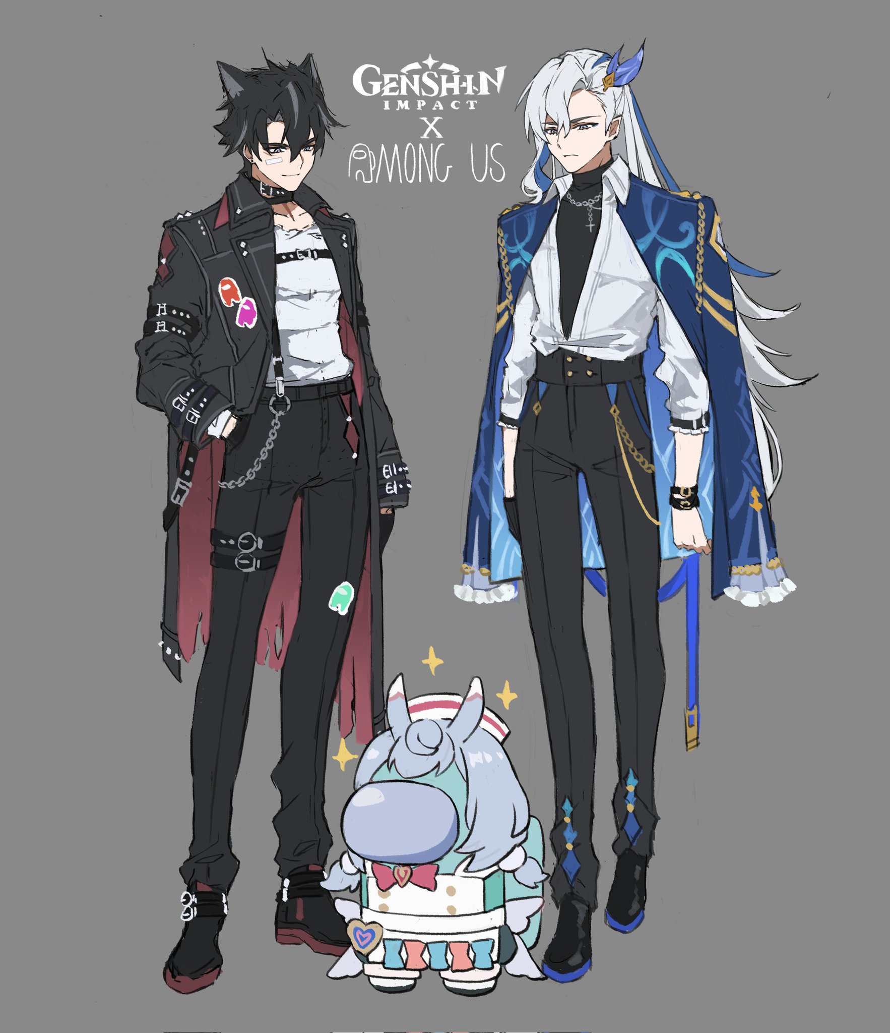 papajay (jennygin2), blue (among us), neuvillette (genshin impact), sigewinne (genshin impact), wriothesley (genshin impact), among us, genshin impact, highres, 1girl, 2boys, black hair, black jacket, black pants, blue hair, blue jacket, grey hair, hat, jacket, long hair, multiple boys, open clothes, open jacket, pants, scar, shirt, short hair, white hair, white hat, white shirt