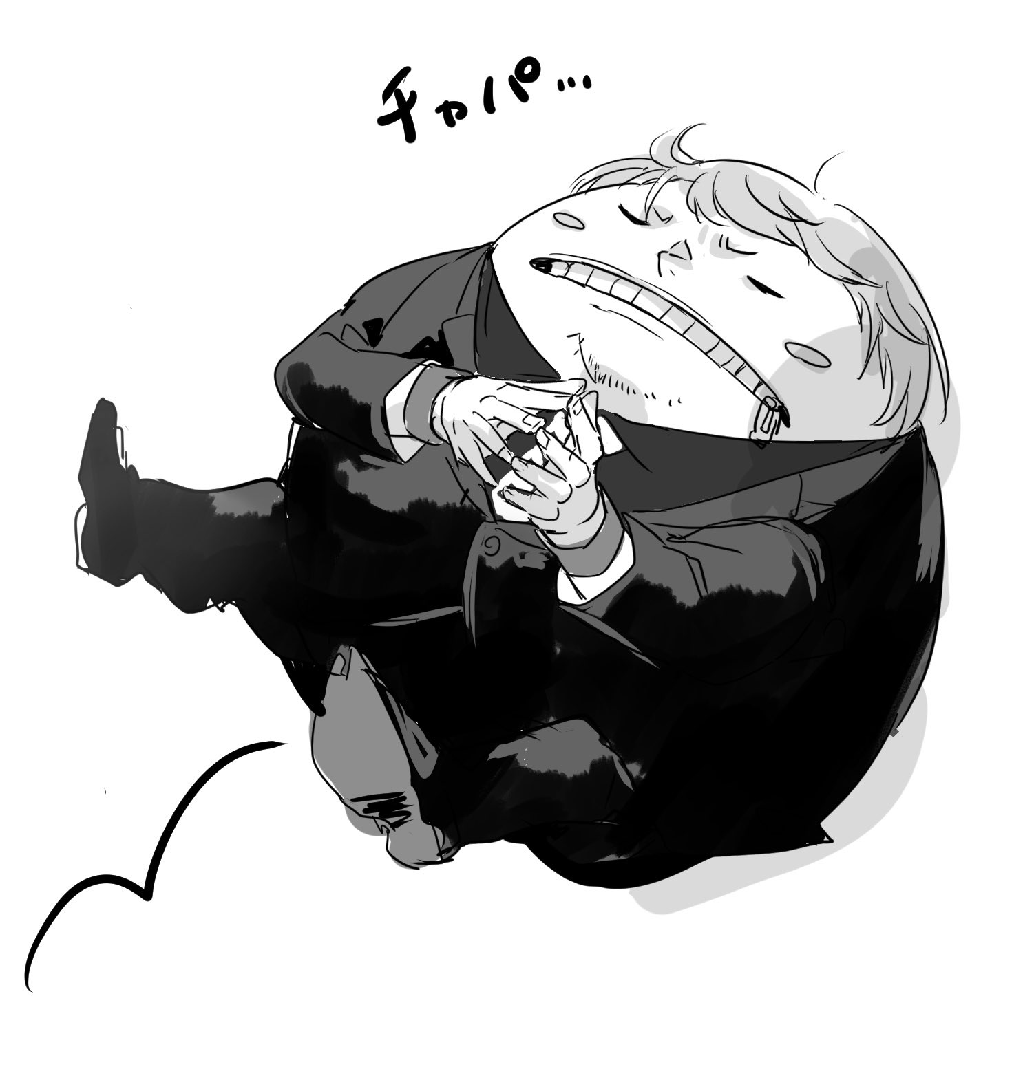 sazu 00, fukurou (one piece), one piece, highres, 1boy, blush stickers, closed eyes, collared shirt, formal clothes, full body, greyscale, male focus, monochrome, necktie, shirt, short hair, simple background, solo, suit