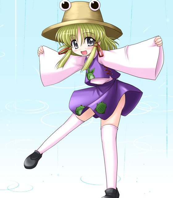 bococho, moriya suwako, touhou, 1girl, blonde hair, female focus, frog, grey eyes, hair ribbon, hat, open mouth, ribbon, smile, solo, standing, standing on one leg, thighhighs, wide sleeves