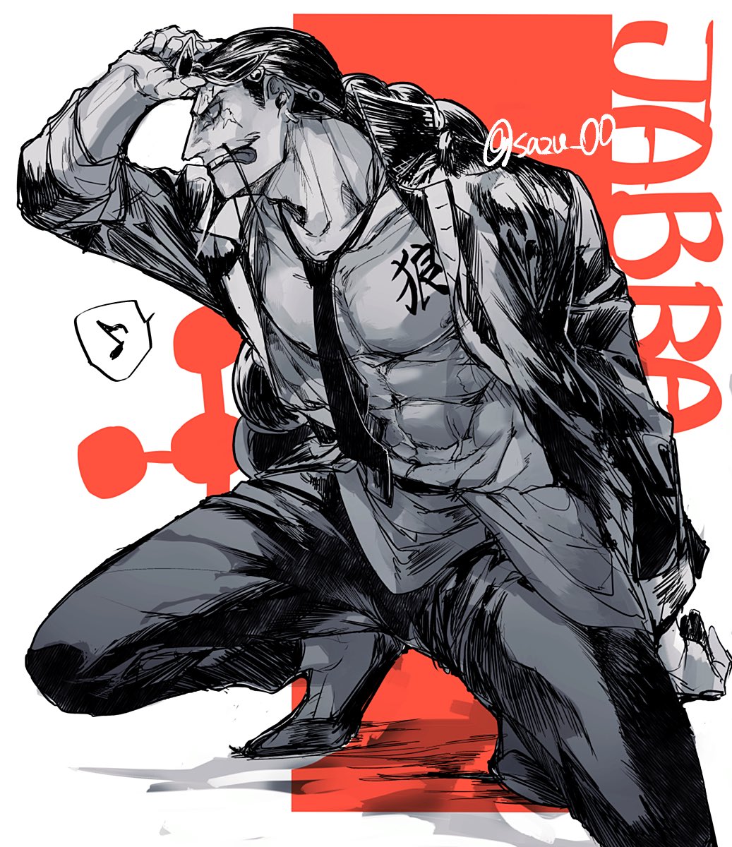 sazu 00, jabra (one piece), one piece, commentary, highres, symbol-only commentary, 1boy, abs, character name, evil smile, eyewear on head, facial hair, jacket, long mustache, male focus, musical note, mustache, necktie, on one knee, open clothes, open jacket, ponytail, scar, scar on face, smile, solo, spoken musical note, tongue, tongue out, twitter username