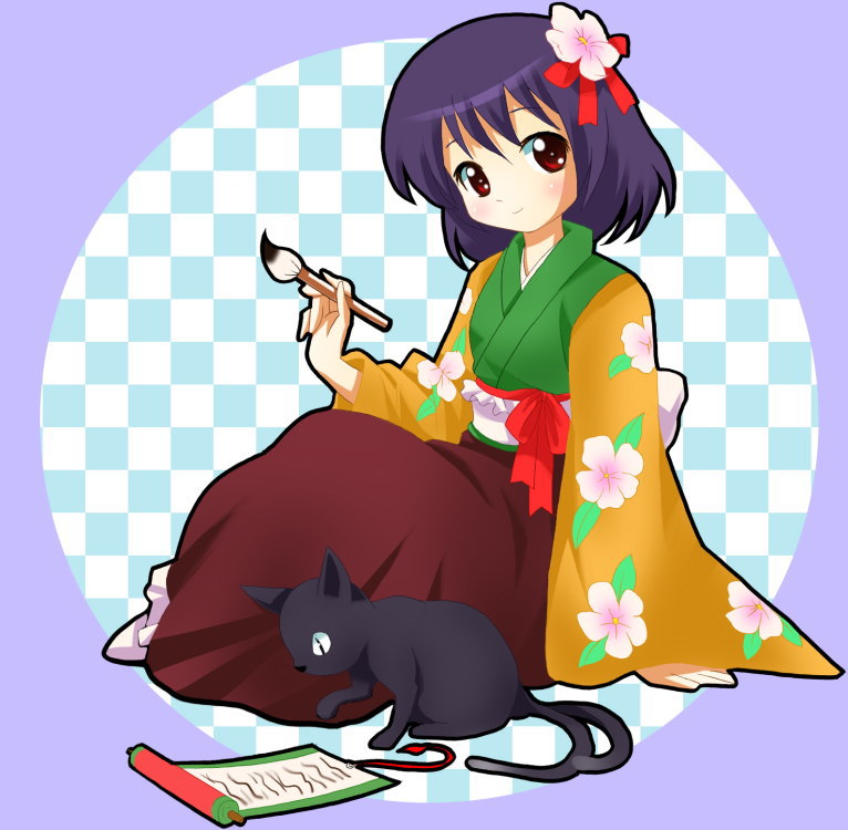 michii yuuki, hieda no akyuu, perfect memento in strict sense, touhou, 1girl, calligraphy, calligraphy brush, cat, checkered background, female focus, flower, hair flower, hair ornament, japanese clothes, multiple tails, nekomata, outside border, paintbrush, purple hair, red eyes, round image, scroll, solo, tail, two tails