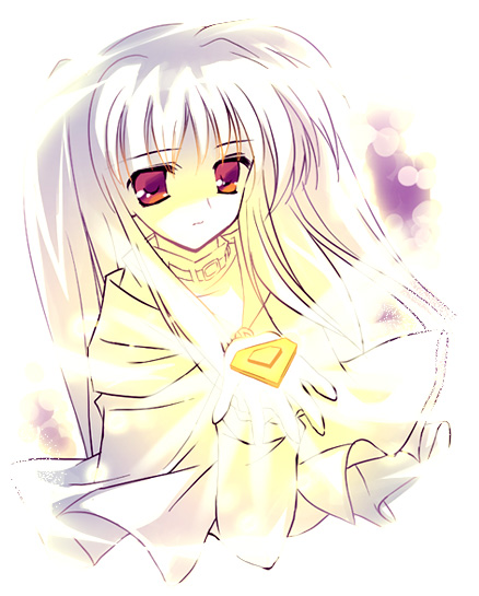 rei (artist), rei (rei's room), bardiche (nanoha), bardiche (standby form) (nanoha), fate testarossa, lyrical nanoha, mahou shoujo lyrical nanoha, mahou shoujo lyrical nanoha a's, mahou shoujo lyrical nanoha strikers, silver hair, 00s, 1girl, cape, female focus, glowing, light rays, long sleeves, looking at viewer, pink eyes, red eyes, sidelocks, simple background, solo, twintails, upper body, white background