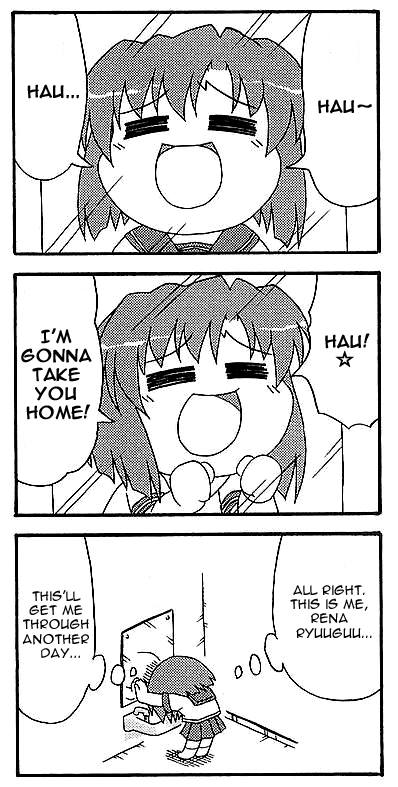 ryuuguu rena, higurashi no naku koro ni, hard-translated, third-party edit, translated, 00s, 1girl, 3koma, comic, english text, female focus, full body, greyscale, monochrome, school uniform, solo, take it home
