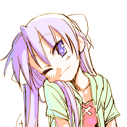 mikami komata, mikami konu, hiiragi kagami, lucky star, lowres, 00s, 1girl, female focus, head tilt, long hair, one eye closed, purple eyes, purple hair, smile, solo, tsurime, twintails, upper body, wink