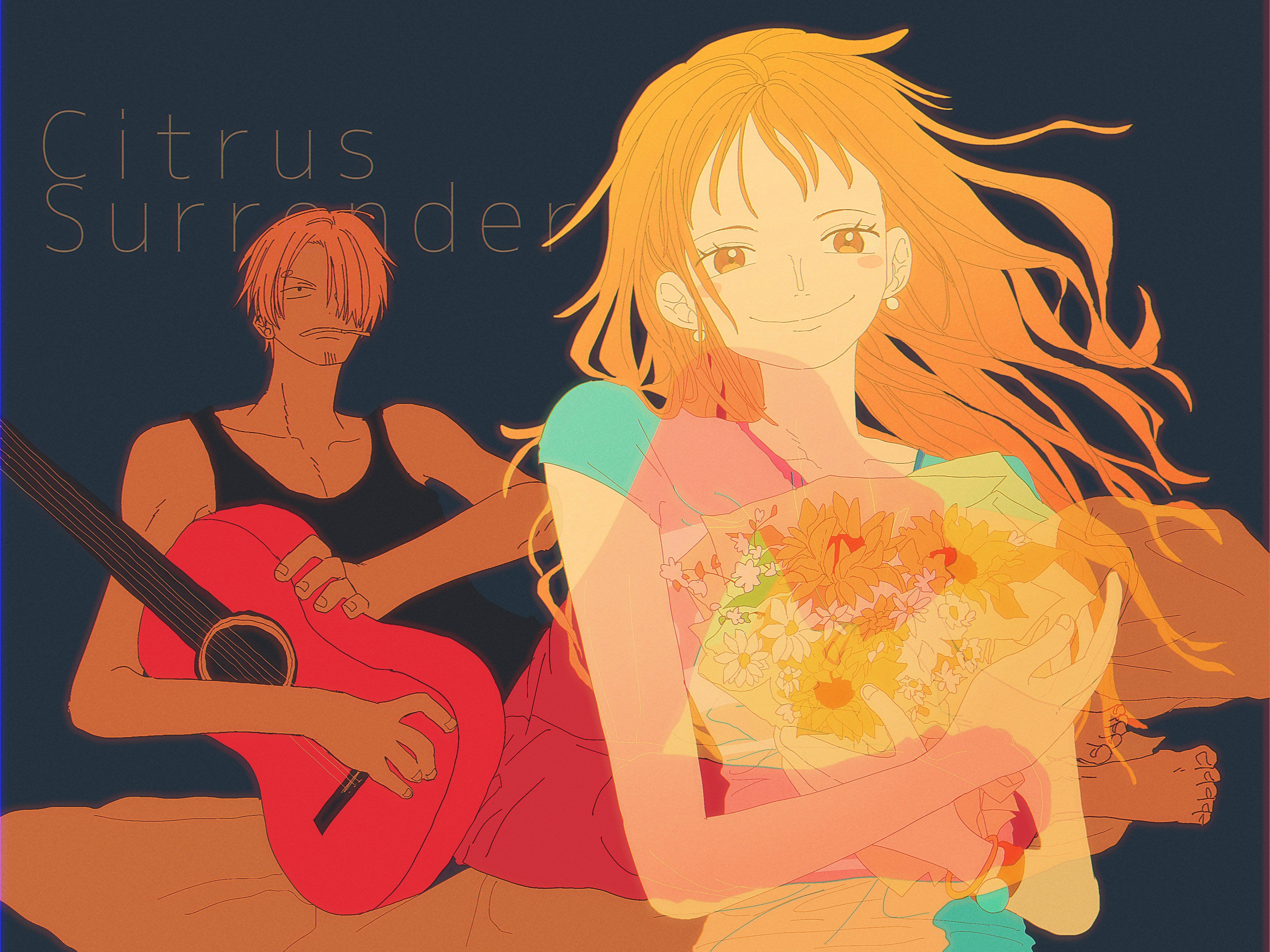 sanam 1piece, nami (one piece), sanji (one piece), one piece, absurdres, commentary request, highres, 1boy, 1girl, blue shirt, blush stickers, bouquet, cigarette, curly eyebrows, facial hair, flower, goatee, guitar, hair over one eye, holding, holding bouquet, holding guitar, holding instrument, instrument, long hair, orange hair, pants, pink pants, shirt, smile, t-shirt, tank top