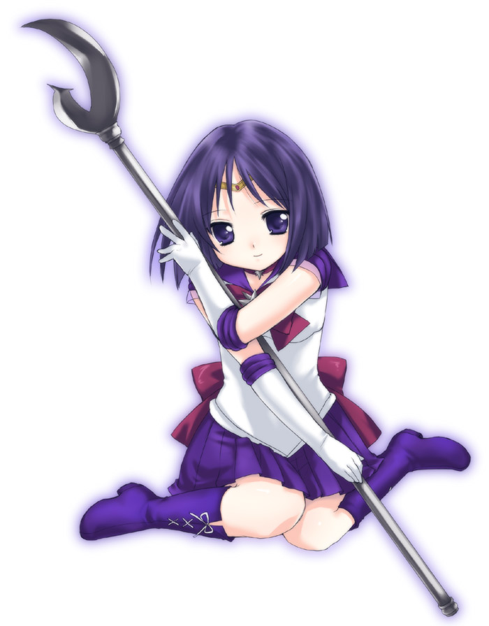 usashiro mani, sailor saturn, tomoe hotaru, bishoujo senshi sailor moon, 1990s (style), 1girl, bob cut, boots, bow, brown bow, chibi, choker, elbow gloves, female focus, gloves, holding, holding polearm, holding spear, holding weapon, knee boots, magical girl, over shoulder, polearm, purple boots, purple eyes, purple hair, purple skirt, retro artstyle, silence glaive, skirt, solo, spear, staff, tiara, weapon, weapon over shoulder, white background, white gloves