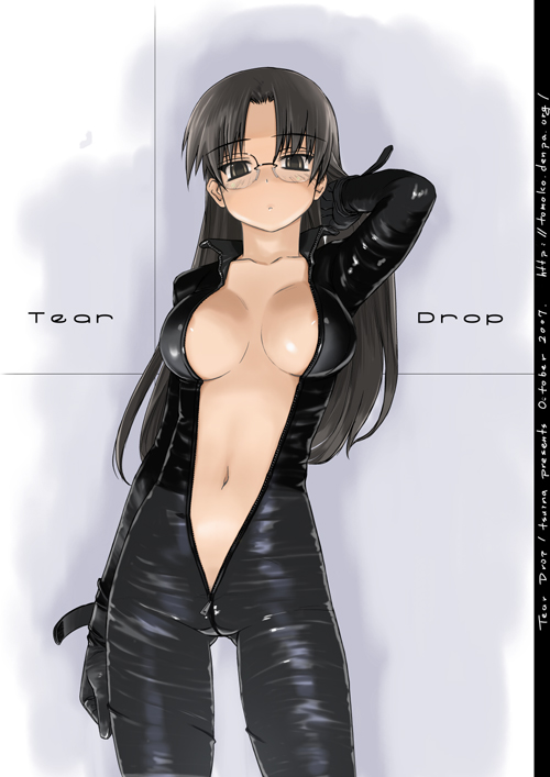 tsuina, hoshina tomoko, to heart, to heart (series), 1girl, biker clothes, bikesuit, black bodysuit, bodysuit, breasts, center opening, crotch zipper, female focus, full-length zipper, glasses, hair down, large breasts, midriff, no bra, no panties, open bodysuit, open clothes, solo, unzipped, zipper