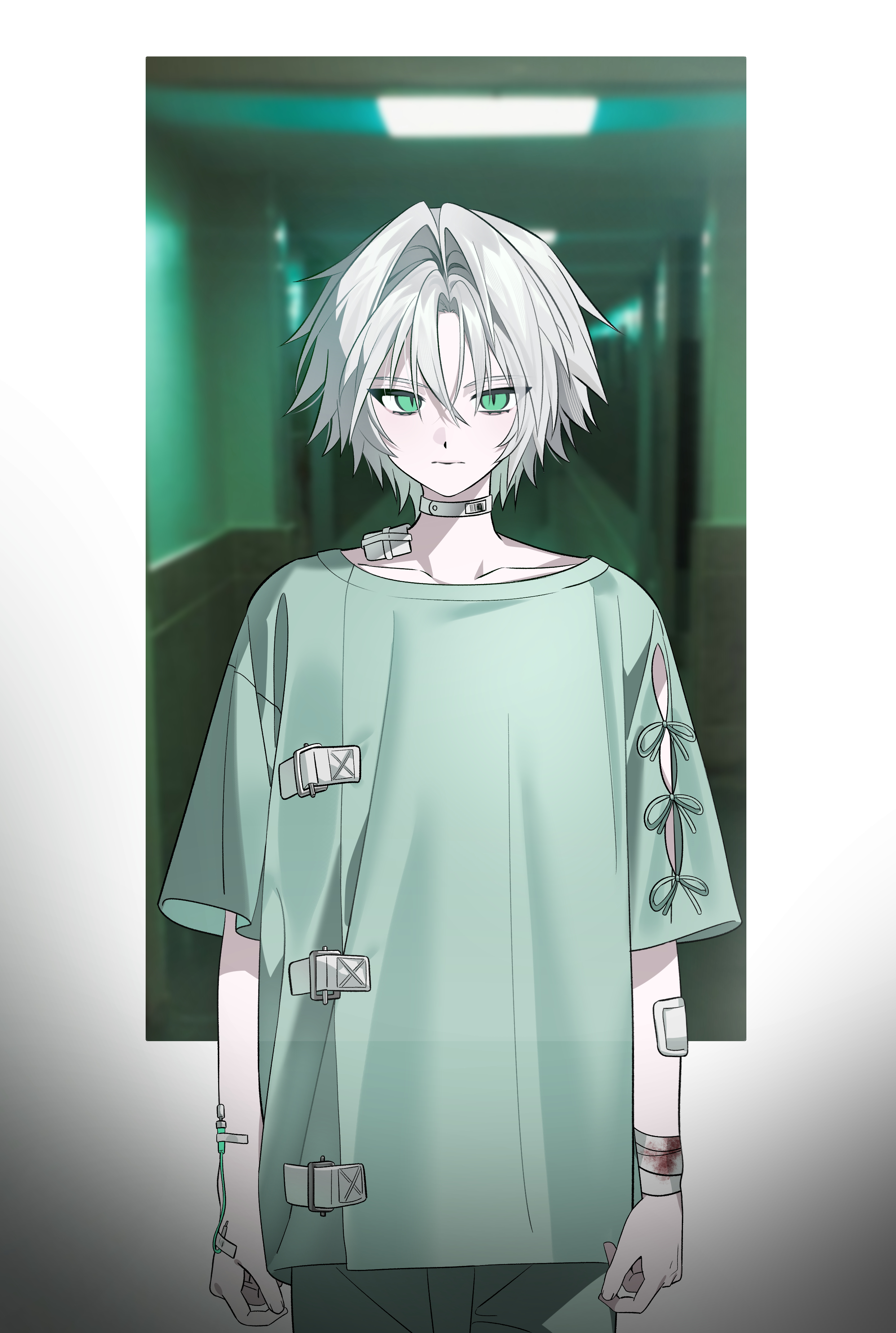 kiliko-san, sephiroth, sephiroth (ever crisis), final fantasy, final fantasy vii, final fantasy vii ever crisis, absurdres, highres, 1boy, bandage on neck, bandaged arm, bandaged wrist, bandages, blood, bloody bandages, blurry, blurry background, choker, cowboy shot, expressionless, green eyes, green pants, green shirt, grey hair, hair intakes, hallway, hospital gown, indoors, intravenous drip, looking at viewer, male focus, night, pants, parted bangs, photo background, shirt, short hair, solo, standing, upper body, vignetting, white choker