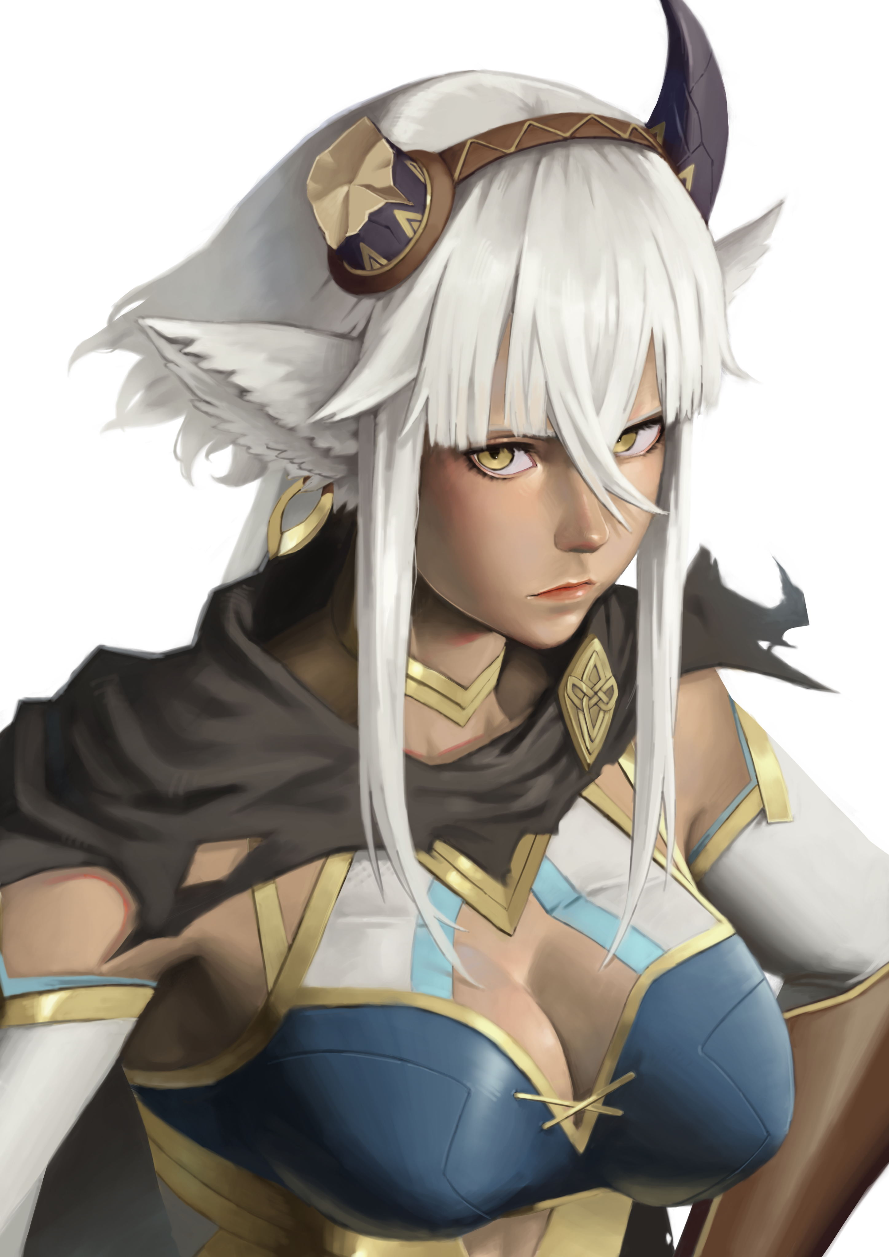 shoko (pixiv 74769700), meliai (fire emblem), fire emblem, fire emblem heroes, nintendo, absurdres, highres, 1girl, animal ears, armpits, black cape, black horns, breasts, broken horn, cape, cleavage, cow ears, cow girl, cow horns, dark-skinned female, dark skin, detached sleeves, earrings, gold choker, gold trim, hoop earrings, horns, jewelry, large breasts, solo, torn clothes, upper body, white background, white hair, yellow eyes