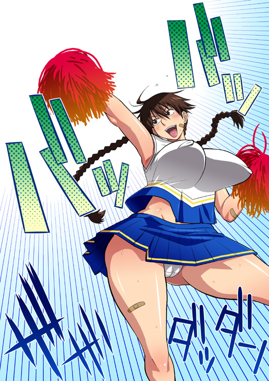 tetrodotoxin, momoe maria, ookiku furikabutte, 00s, 1girl, armpits, bandaid, bandaid on arm, bandaid on face, bouncing breasts, braid, breasts, brown eyes, brown hair, cameltoe, cheerleader, covered erect nipples, female focus, hip focus, huge breasts, impossible clothes, impossible shirt, long hair, midriff, panties, pantyshot, pom pom (cheerleading), shirt, skirt, solo, twin braids, unaligned breasts, underwear, wide hips