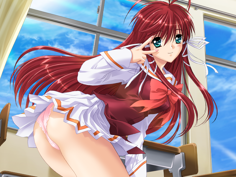 kinmedai pink, chiyotani yuka, megami taisen, game cg, 1girl, aqua eyes, bent over, blush, classroom, cowboy shot, female focus, green eyes, indoors, long hair, panties, red hair, school, solo, underwear, v, v over eye