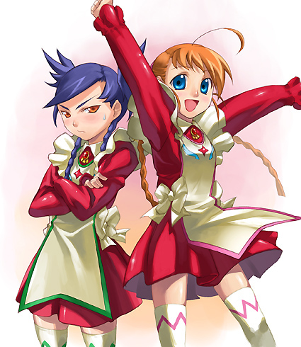 chikugen shiina, arika yumemiya, nina wang, my-otome, white legwear, bad id, lowres, 00s, 2girls, :d, ahoge, blue eyes, blue hair, braid, brown eyes, cowboy shot, dress, expressionless, garderobe uniform, long sleeves, looking at viewer, multiple girls, open mouth, orange hair, red dress, simple background, smile, thighhighs, twin braids, white background, zettai ryouiki