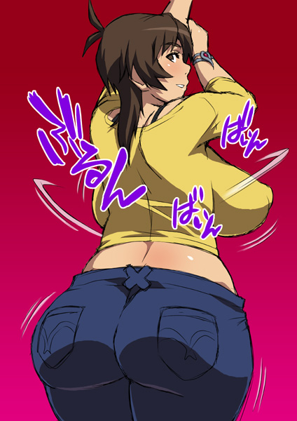 tetrodotoxin, amaha masane, witchblade, 00s, 1girl, ass, backboob, blush, breasts, brown eyes, brown hair, denim, female focus, from behind, huge ass, huge breasts, impossible clothes, impossible shirt, jeans, looking back, pants, shirt, solo