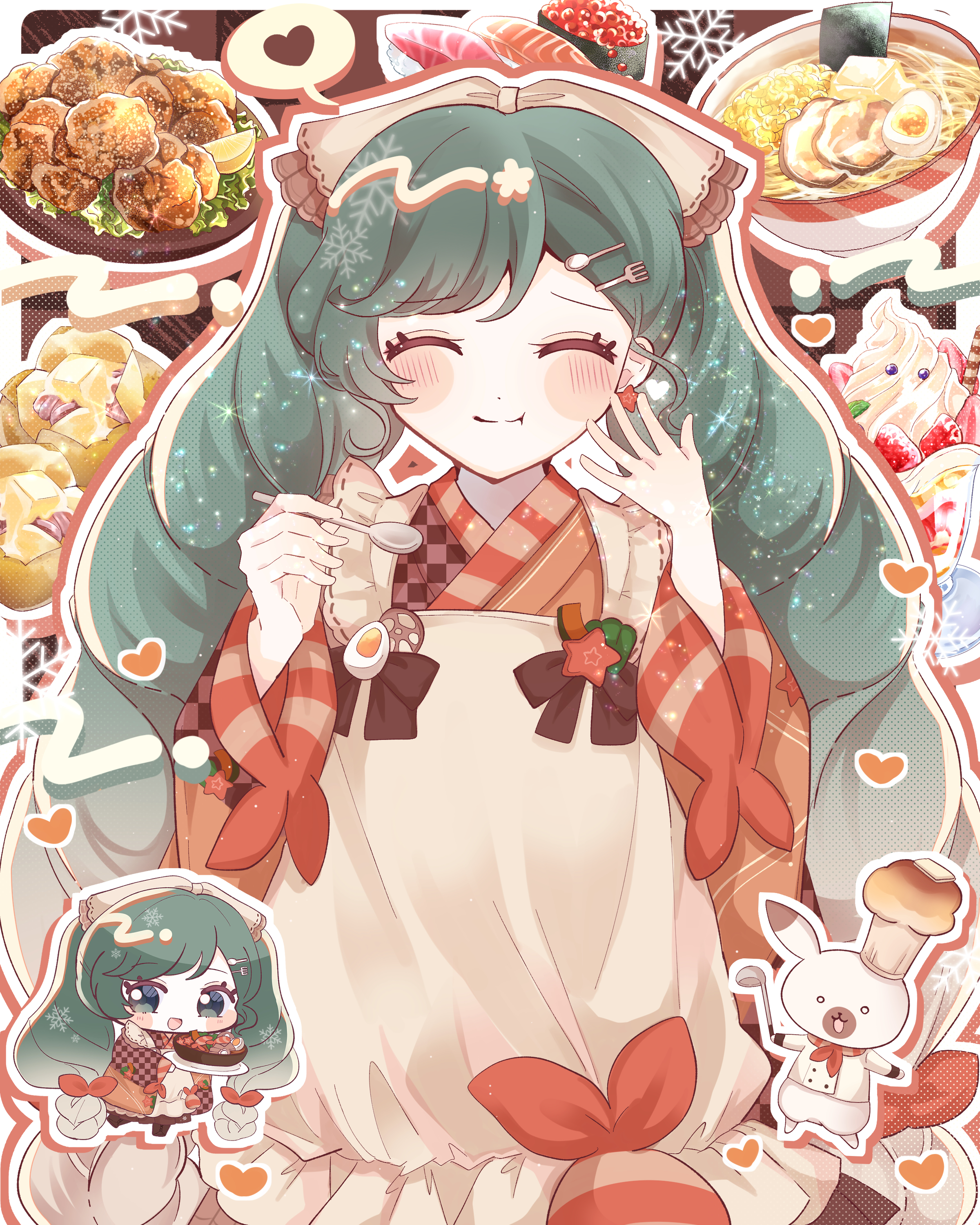 hatsune miku, rabbit yukine, yuki miku, yuki miku (2024), vocaloid, absurdres, highres, 032800201, apron, blush, bow, closed eyes, closed mouth, food, fork hair ornament, fruit, green hair, hair bow, hair ornament, holding, holding ladle, ice cream, japanese clothes, kimono, ladle, long hair, long sleeves, noodles, official alternate costume, official alternate hairstyle, orange kimono, parfait, rabbit, smile, soup ladle, spoon hair ornament, strawberry, strawberry parfait, sushi, twintails, udon, very long hair, white apron, white bow, wide sleeves