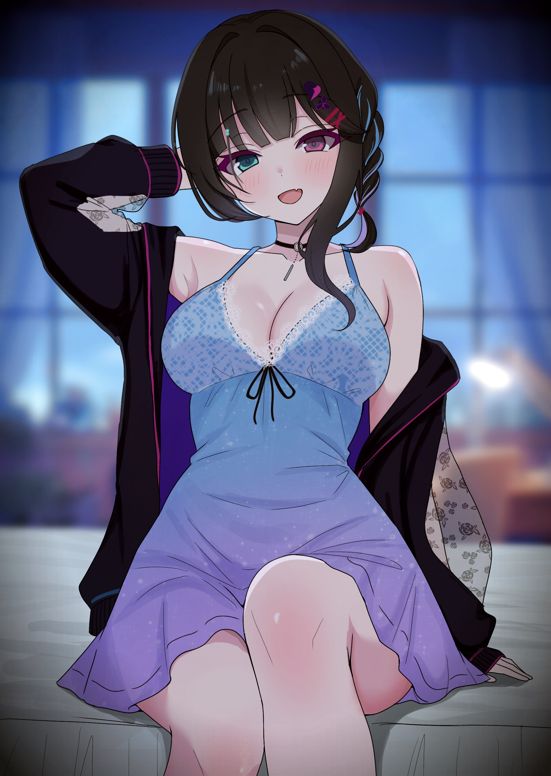 yuno ff, absurdres, highres, 1girl, bare shoulders, black choker, black hair, black jacket, blurry, blurry background, blush, breasts, choker, cleavage, gradient clothes, green eyes, hair ornament, hairclip, heterochromia, jacket, jacket partially removed, large breasts, long hair, long sleeves, looking at viewer, nightgown, open clothes, open jacket, open mouth, red eyes, sitting, smile, solo