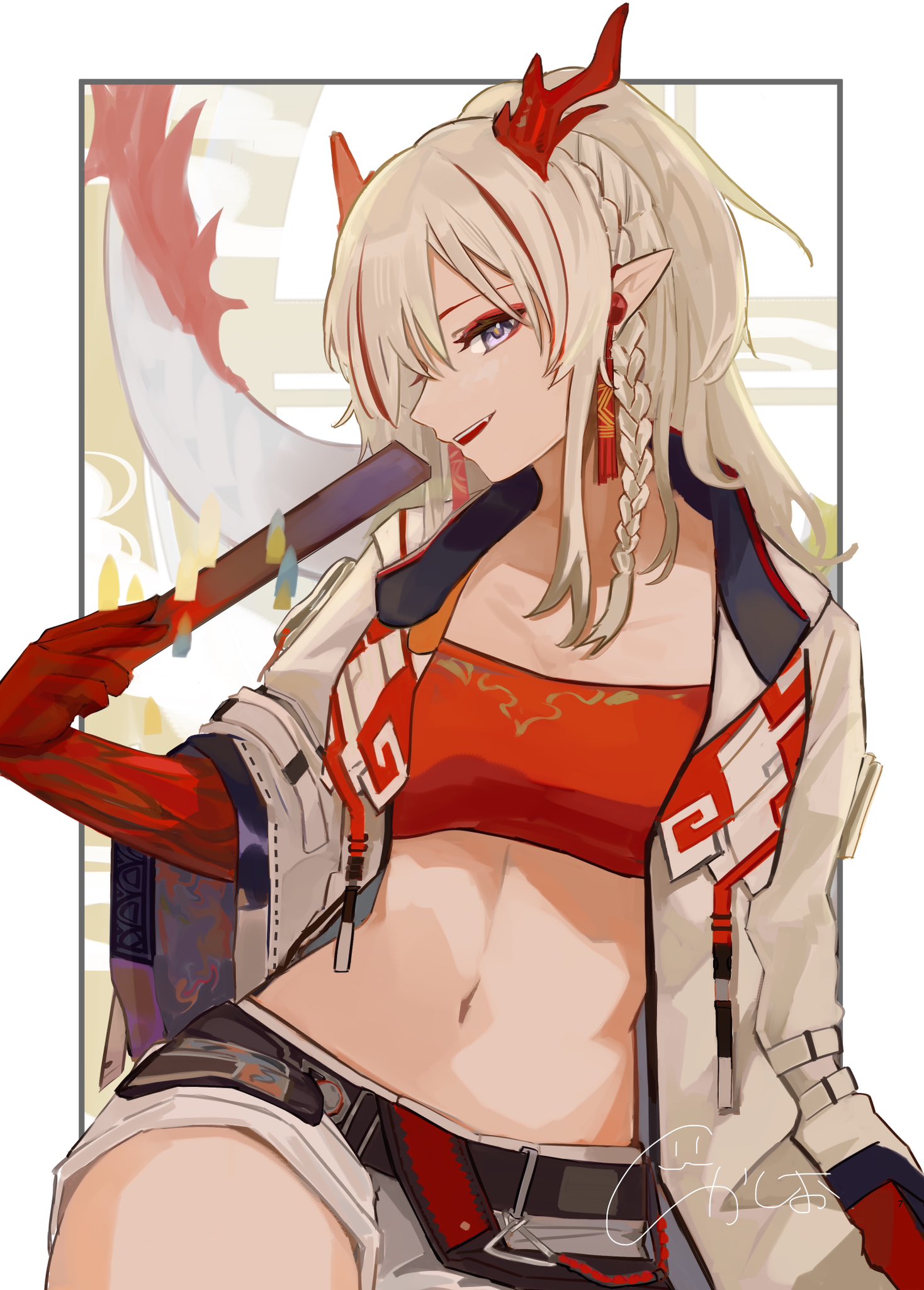 k-yosinori, nian (arknights), arknights, commentary, highres, 1girl, bandeau, belt, black belt, braid, colored extremities, crop top, dragon girl, dragon horns, dragon tail, earrings, eyeliner, grey hair, grey jacket, grey shorts, holding, horns, jacket, jewelry, linea alba, looking at viewer, makeup, medium hair, midriff, multicolored hair, navel, open clothes, open jacket, pointy ears, profile, purple eyes, red bandeau, red eyeliner, red hair, short shorts, shorts, signature, smile, solo, streaked hair, tail