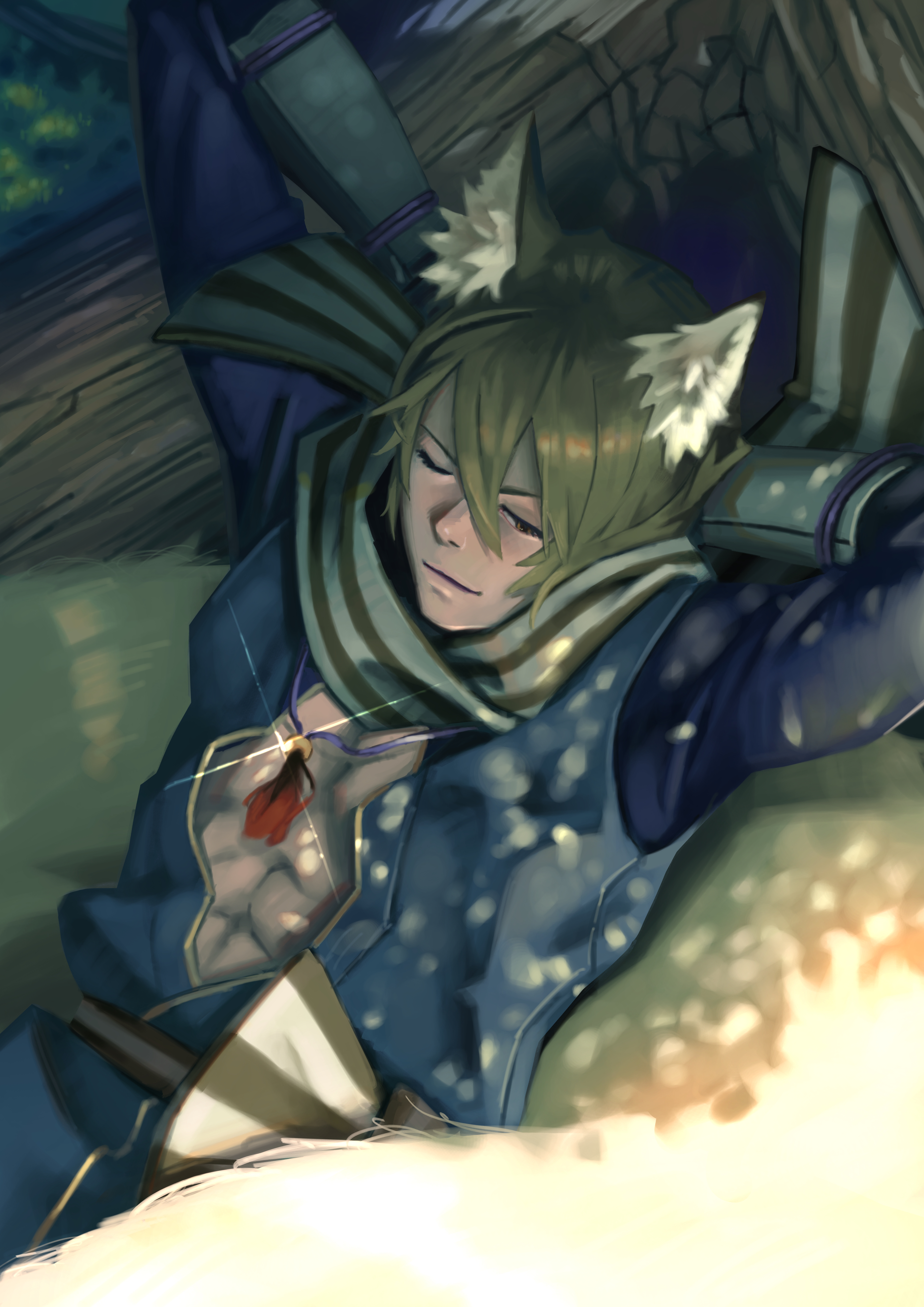 shoko (pixiv 74769700), kaden (fire emblem), fire emblem, fire emblem fates, nintendo, absurdres, highres, 1boy, abs, animal ear fluff, animal ears, fox boy, fox ears, fox tail, hair between eyes, japanese clothes, kitsune, male focus, orange hair, scarf, solo, striped clothes, striped scarf, tail