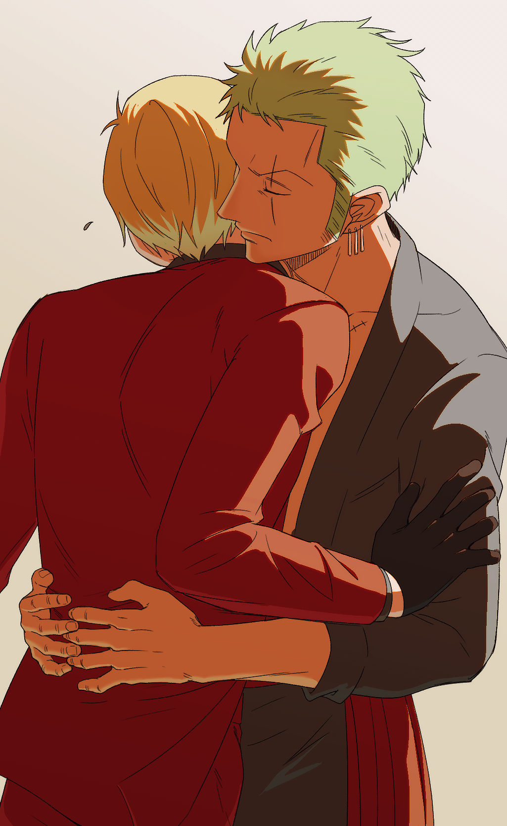 p5naq pv, roronoa zoro, sanji (one piece), one piece, highres, 2boys, black gloves, black kimono, black shirt, blonde hair, brown jacket, closed eyes, closed mouth, earrings, gloves, gradient background, green hair, hands on another's waist, hug, jacket, japanese clothes, jewelry, kimono, long sleeves, multiple boys, sash, scar, scar across eye, scar on face, shirt, short hair, simple background, upper body