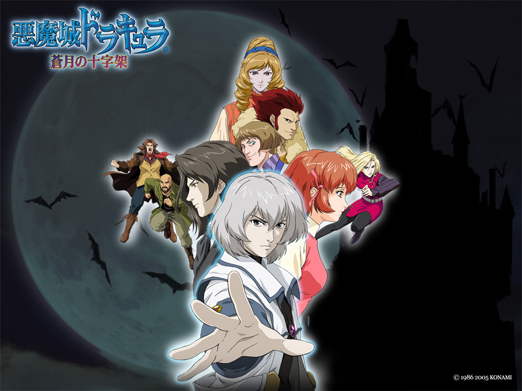 yoshikawa shin'ichi, alucard (castlevania), arikado genya, celia fortner, dario bossi, dmitrii blinov, hakuba mina, hammer (castlevania), julius belmont, soma cruz, yoko belnades, castlevania: dawn of sorrow, castlevania (series), konami, silver hair, striped, official art, official wallpaper, 3girls, 6+boys, bald, bat (animal), beard, belt, black hair, bob cut, boots, brown hair, coat, dhampir, dress, drill hair, everyone, facial hair, fighting stance, formal clothes, full moon, glowing, hair ribbon, half-human, jacket, jewelry, long hair, moon, multiple boys, multiple girls, necklace, necktie, open mouth, outstretched arm, outstretched hand, pale skin, pantyhose, profile, red hair, ribbon, scarf, short hair, sideburns, smile, smirk, suit, trench coat, twin drills, twintails, undead, vampire