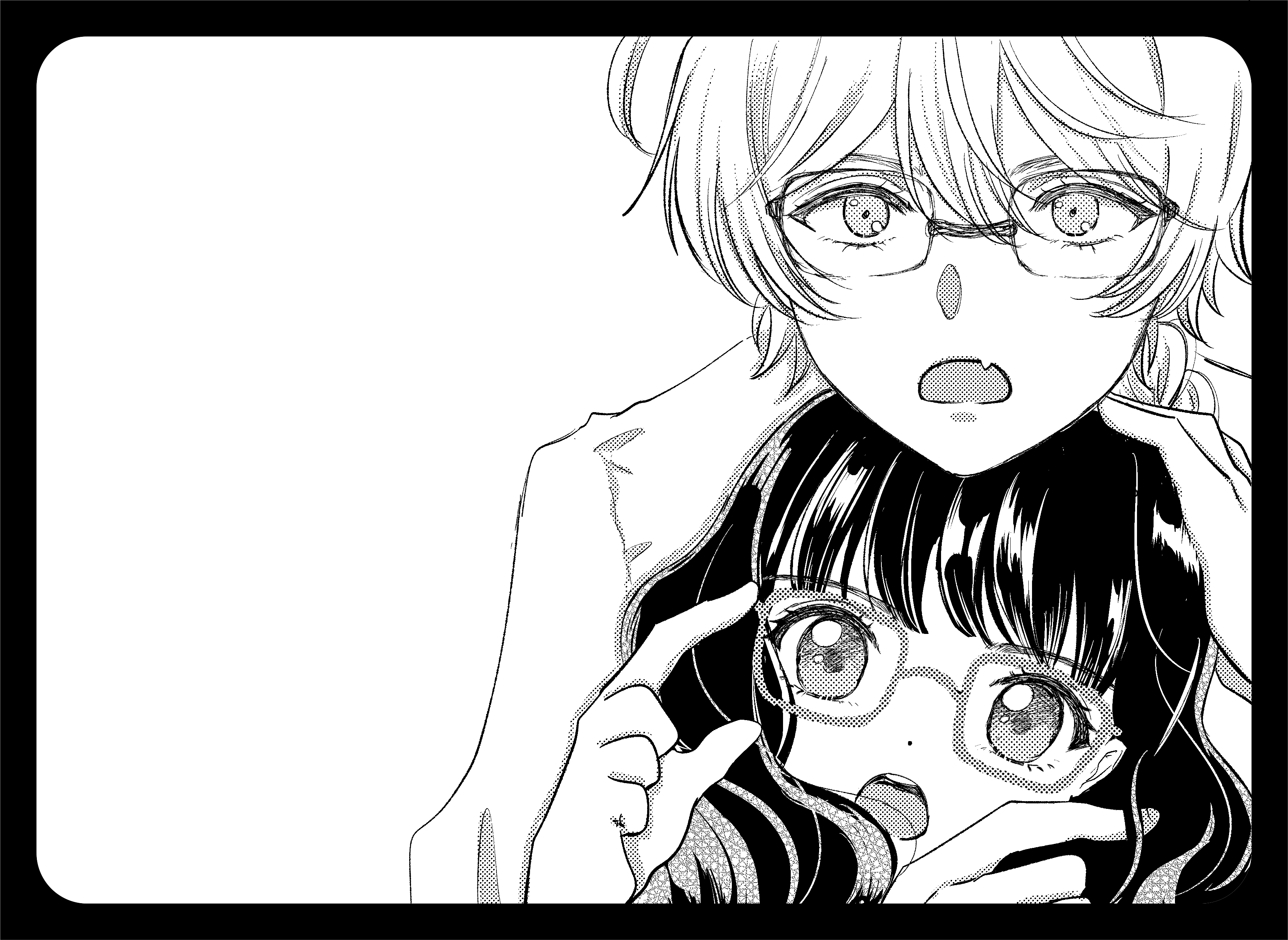 kasai amane, narcistoru, delicious party precure, precure, absurdres, highres, 1boy, 1girl, adjusting eyewear, black border, black hair, blunt bangs, border, fang, glasses, greyscale, hand on another's head, hand on eyewear, long sleeves, looking at viewer, monochrome, open mouth, radami, shirt, white background, white shirt