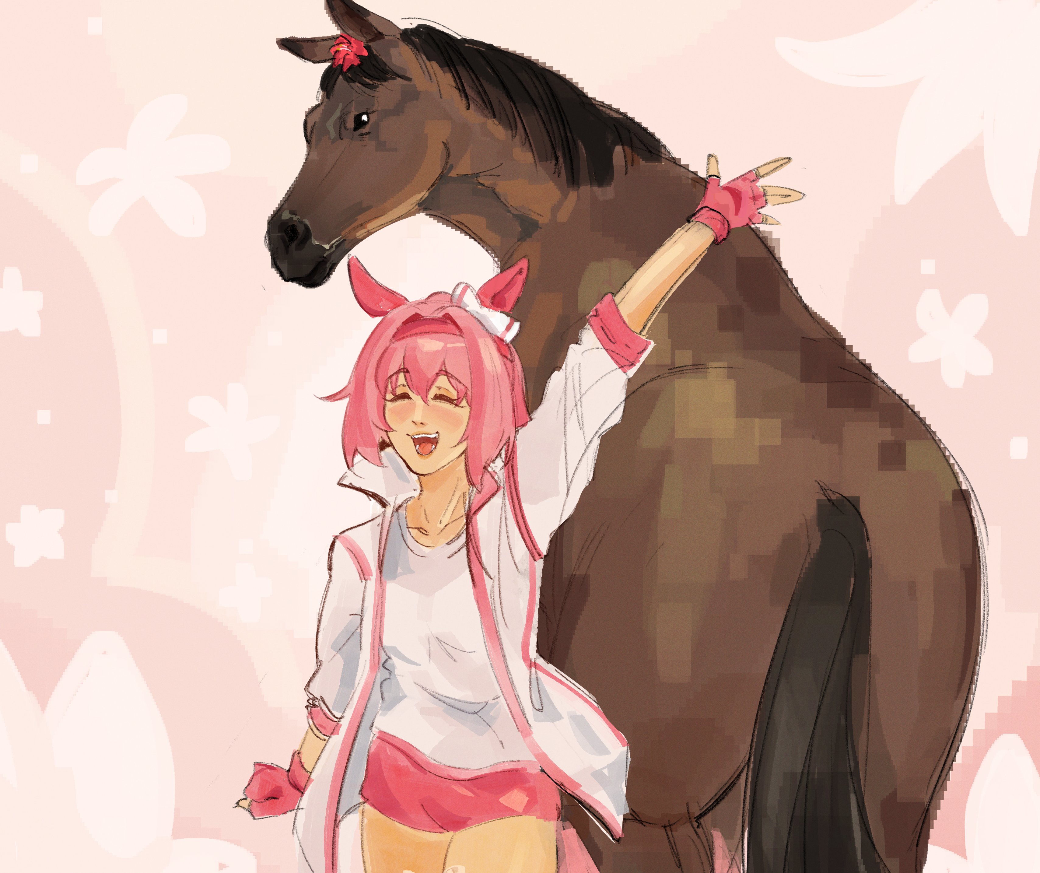 wktfrv47n, haru urara (racehorse), haru urara (umamusume), real life, umamusume, absurdres, highres, 1girl, animal ears, blush, bow, buruma, closed eyes, creature and personification, ear bow, ear covers, fingerless gloves, flower, gloves, hair flower, hair ornament, hairband, haru urara (bestest prize) (umamusume), headband, horse, horse ears, horse girl, horse tail, jacket, long hair, open mouth, personification, pink buruma, pink hair, pink headband, ponytail, red buruma, red gloves, red headband, shirt, smile, tail, teeth, white jacket, white shirt